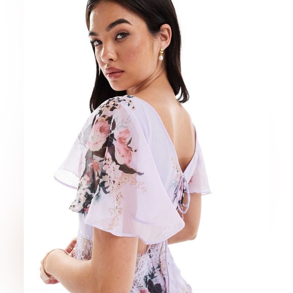 ASOS DESIGN Tall flutter.sleeve maxi dress with lace insert in blue burnout - Picture 3 of 12